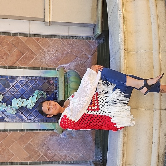 Hand Crafted Fringe White & Red Crochet Granny Square Multicolored Top Handmade - Picture 11 of 17